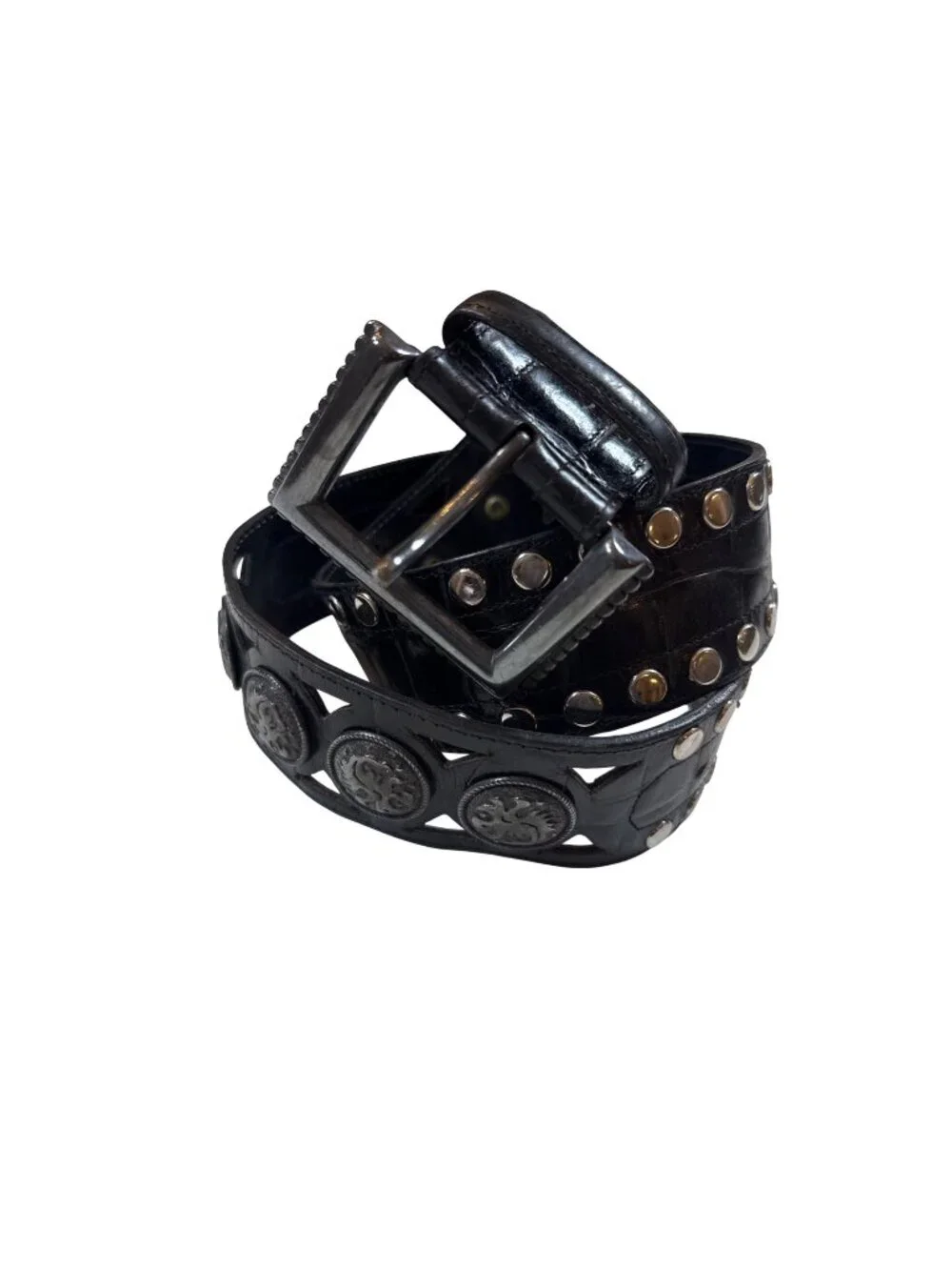 Avignon vintage Black Leather Belt Silver Lion Medallions Stud Detail 37, large